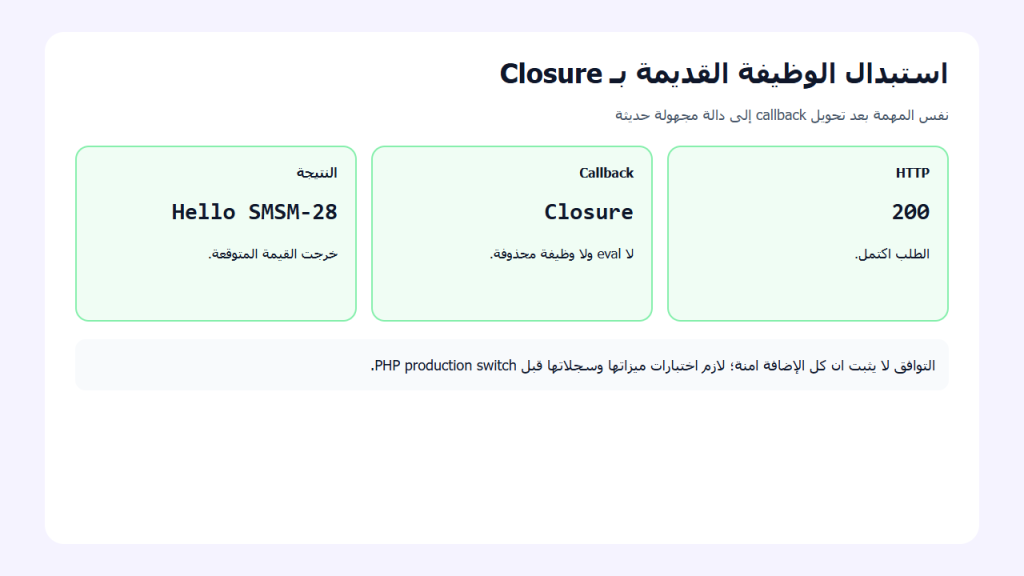 تقرير يظهر HTTP 200 وClosure ونتيجة Hello SMSM-28 على نفس PHP