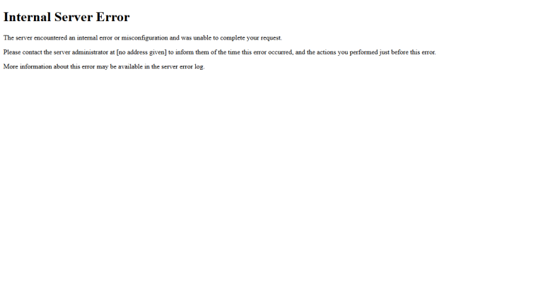 لقطة متصفح فعلية لخطأ 500 Internal Server Error بعد وضع تعليمة غير معروفة في htaccess
